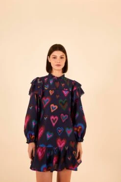 Farm Rio Navy Ikat Dyed Hearts Mini Dress