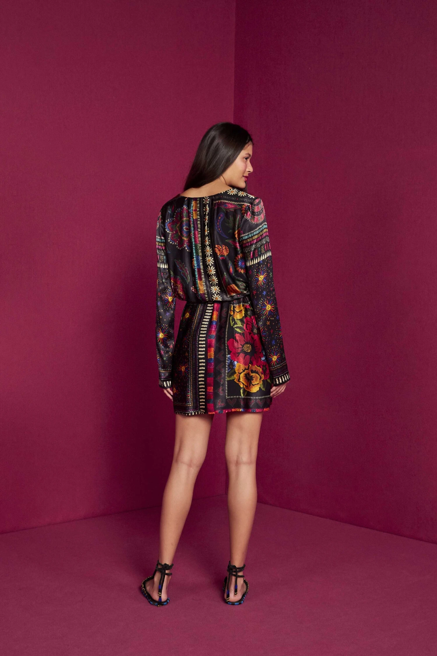 Farm Rio Black Mixed Scarves Mini Dress 5 Farm Rio Black Mixed Scarves Mini Dress - Image 4