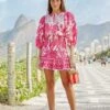 Farm Rio Pink Tropical Woodcut Mini Dress -Trend Farm Rio 306220 01