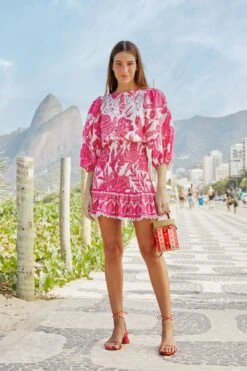 Farm Rio Pink Tropical Woodcut Mini Dress