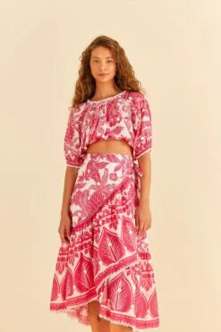 Farm Rio Pink Tropical Woodcut Midi Skirt