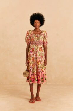 Farm Rio Pink Painted Bananas Midi Dress