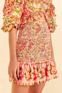 Farm Rio Pink Painted Bananas Smocked Mini Skirt -Trend Farm Rio 309383 03