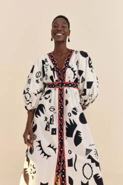 Farm Rio Off-White Pitta Soul Puff Sleeve Midi Dress -Trend Farm Rio 314083 03