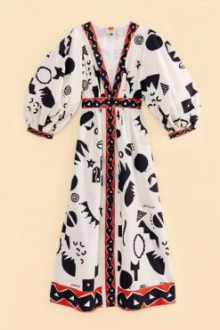 Farm Rio Off-White Pitta Soul Puff Sleeve Midi Dress -Trend Farm Rio 314083 06