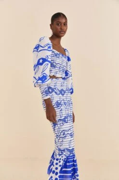 Farm Rio Off-White Pitta Waves Smocked Midi Skirt