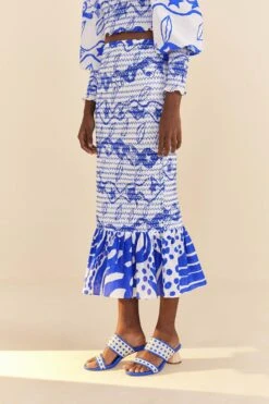 Farm Rio Off-White Pitta Waves Smocked Midi Skirt -Trend Farm Rio 314084 03