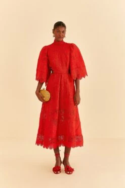 Farm Rio Red Guipure Cut Out Midi Dress