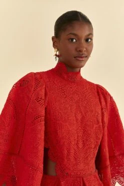Farm Rio Red Guipure Cut Out Midi Dress -Trend Farm Rio 314516 03