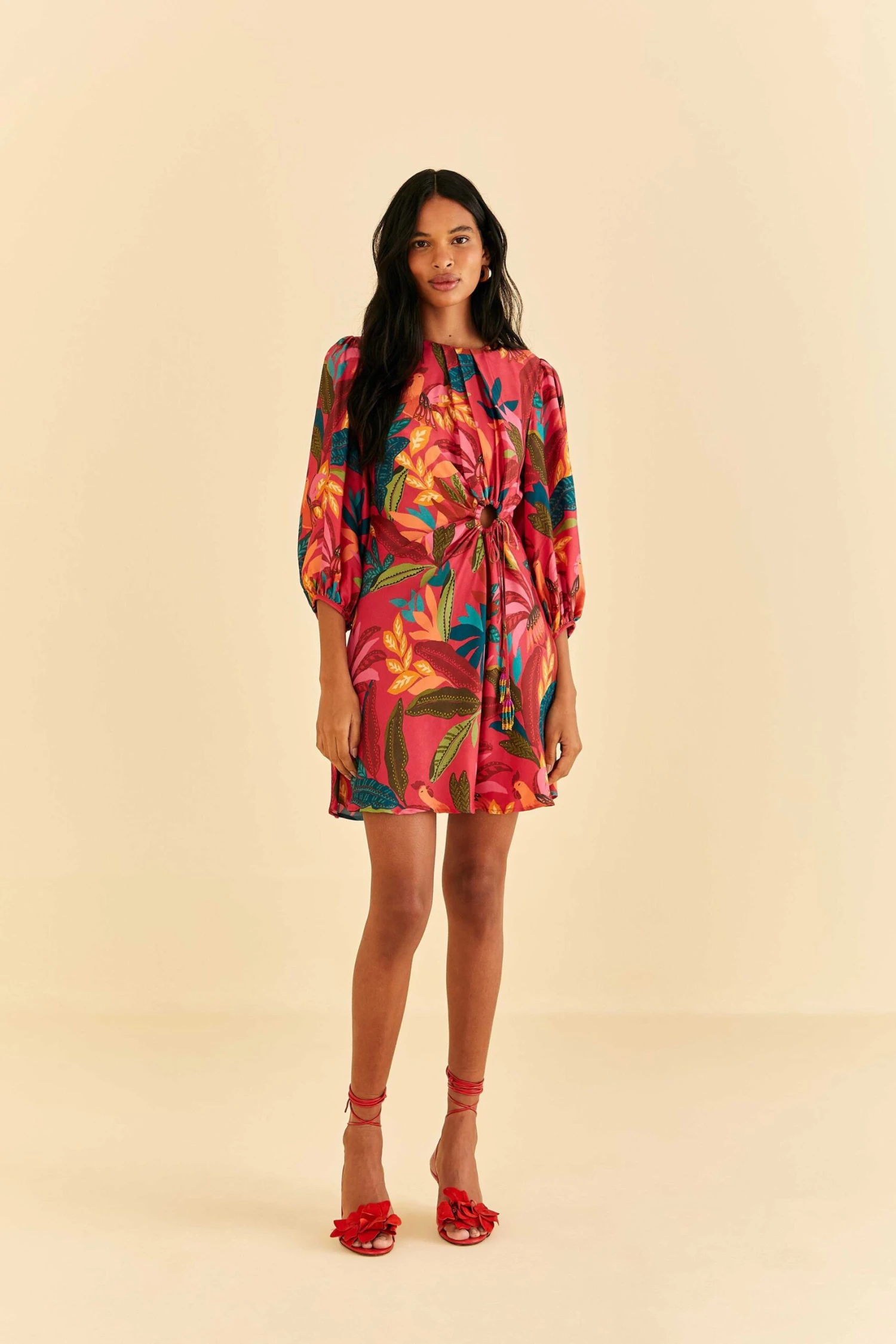 Farm Rio Red Rooster Leaves Long Sleeve Mini Dress 4 Farm Rio Red Rooster Leaves Long Sleeve Mini Dress - Image 2