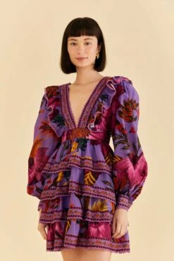 Farm Rio Purple Maxi Flowers Mini Dress
